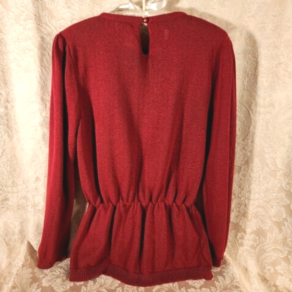 Vintage 1980s Burgundy Pullover Sweater Peplum Flare 1940s Style - Picture 2 of 5